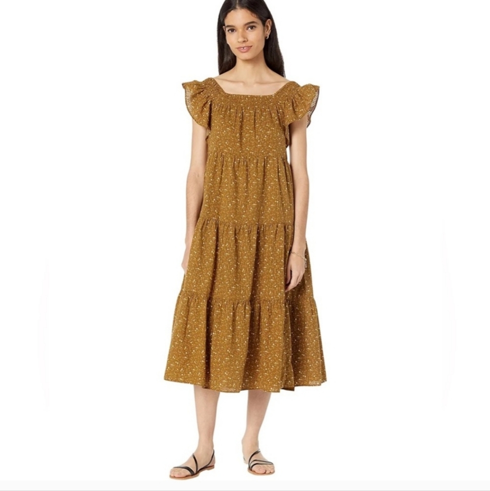 Madewell Weathered Olive Ruffle-Sleeve Tiered Midi Dress in Daisy Stitch EUC